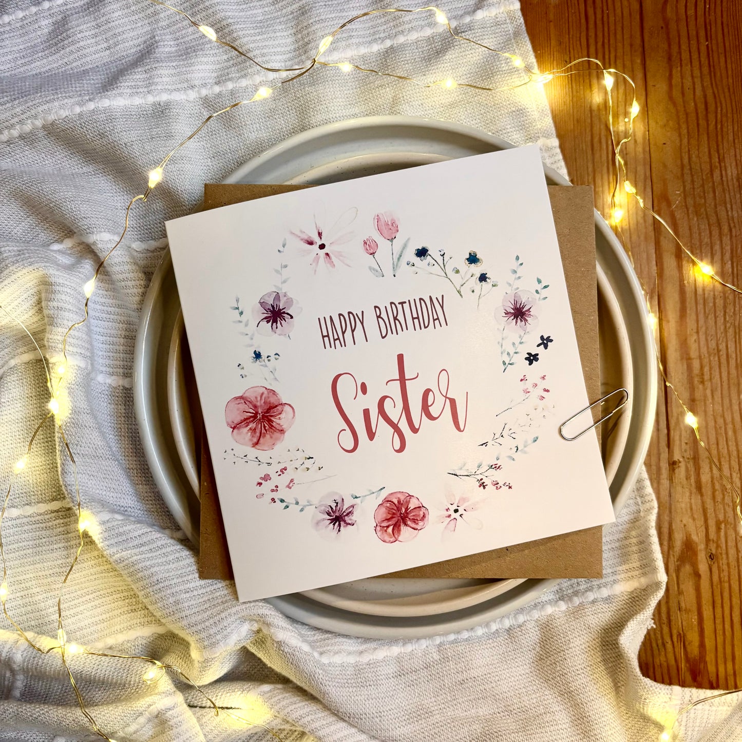 Sister Birthday Card: Floral Wreath with Pressed Flowers