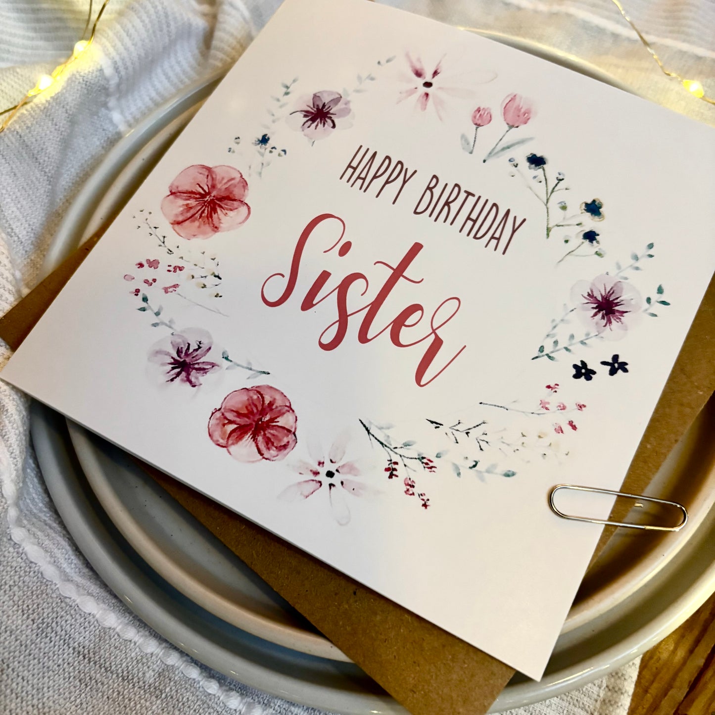 Sister Birthday Card: Floral Wreath with Pressed Flowers
