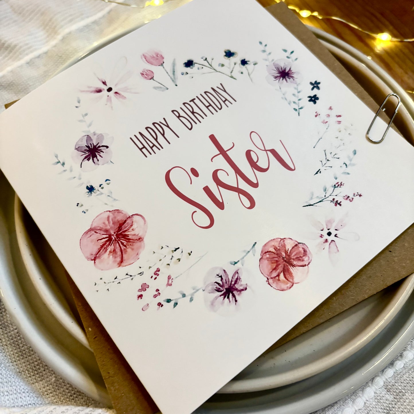 Sister Birthday Card: Floral Wreath with Pressed Flowers