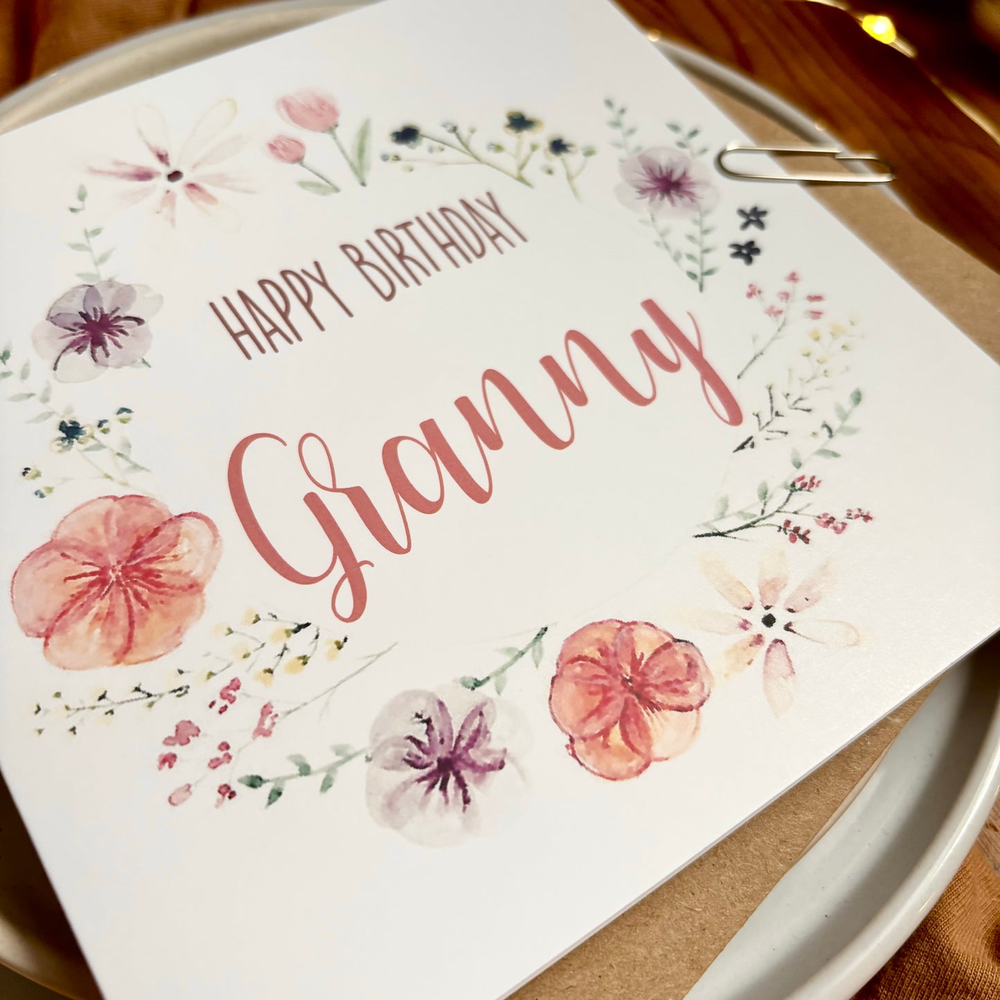 Granny Birthday Card: Floral Wreath with Pressed Flowers