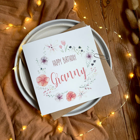 Granny Birthday Card: Floral Wreath with Pressed Flowers