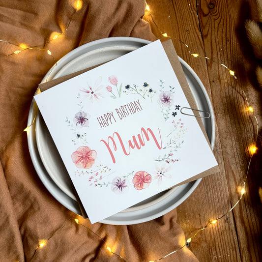 Mum Birthday Card: Floral Wreath with Pressed Flowers