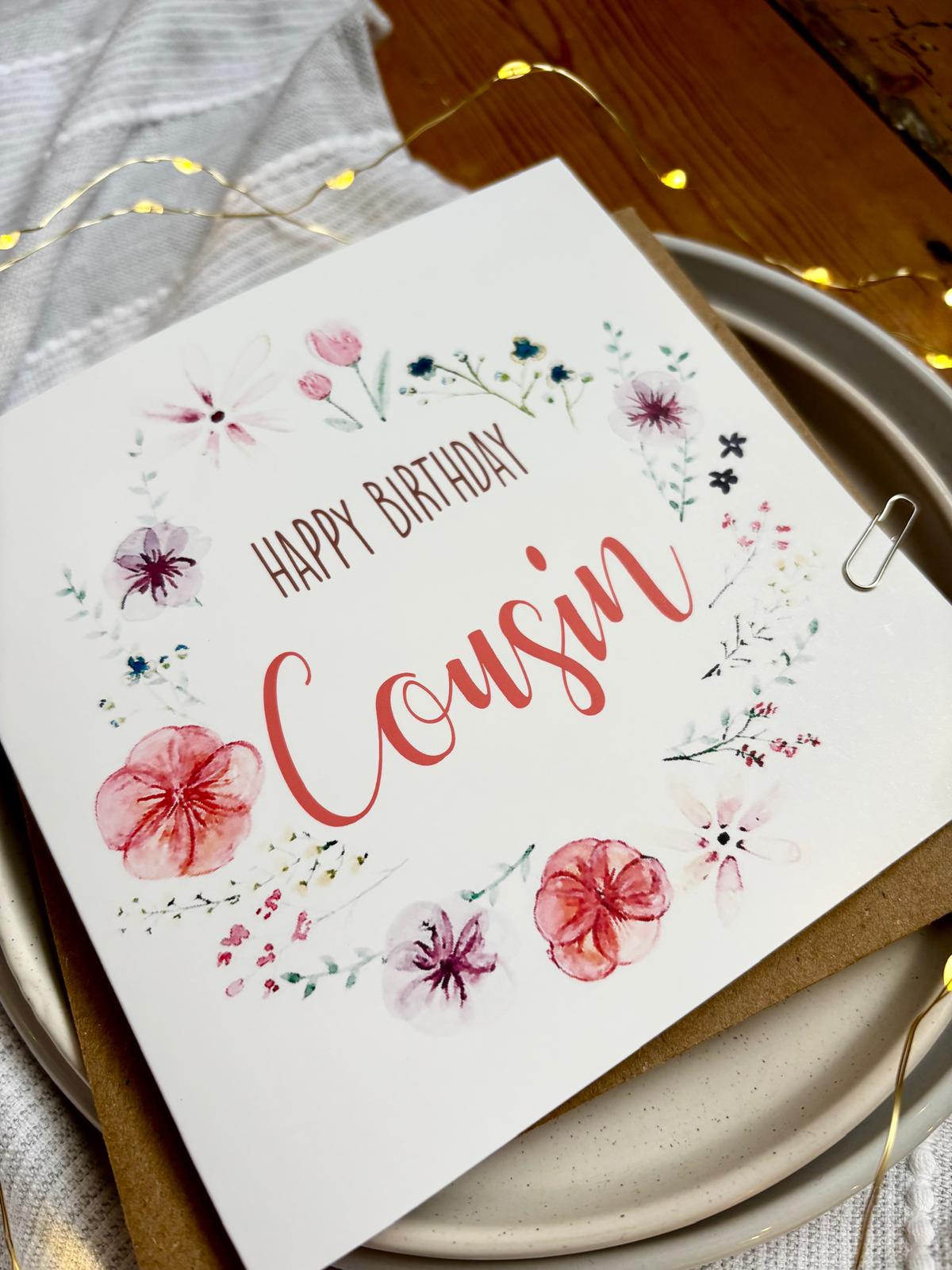 Cousin Birthday Card - Floral Wreath with Pressed Flowers