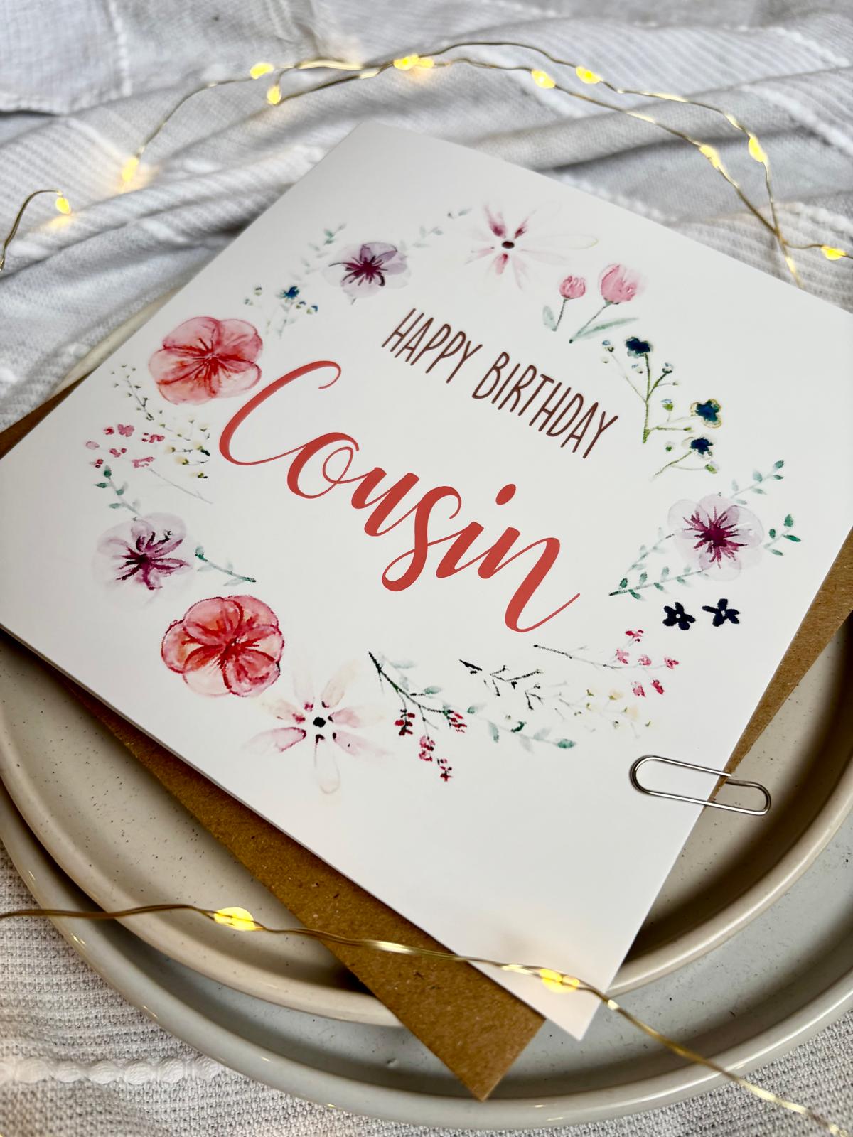 Cousin Birthday Card - Floral Wreath with Pressed Flowers