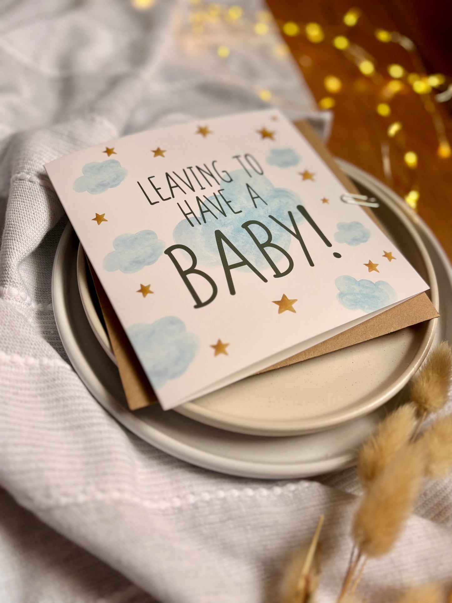 Leaving to Have a Baby Card - Blue Clouds