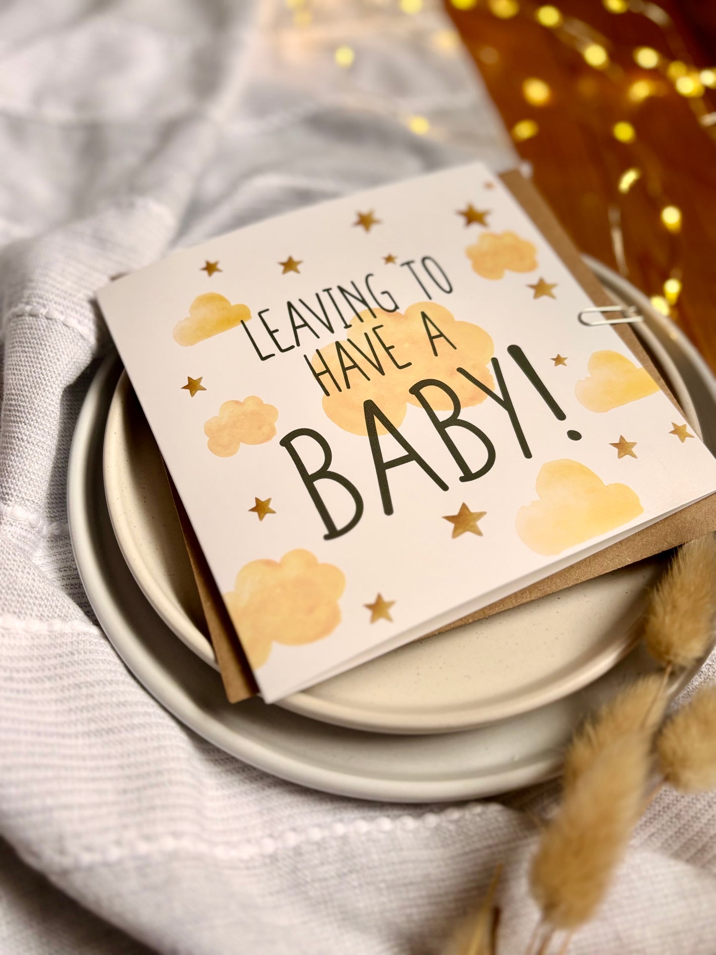 Leaving to Have a Baby Card - Yellow Clouds