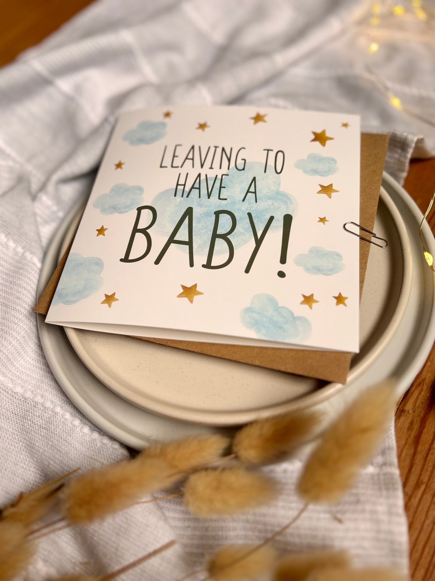 Leaving to Have a Baby Card - Blue Clouds