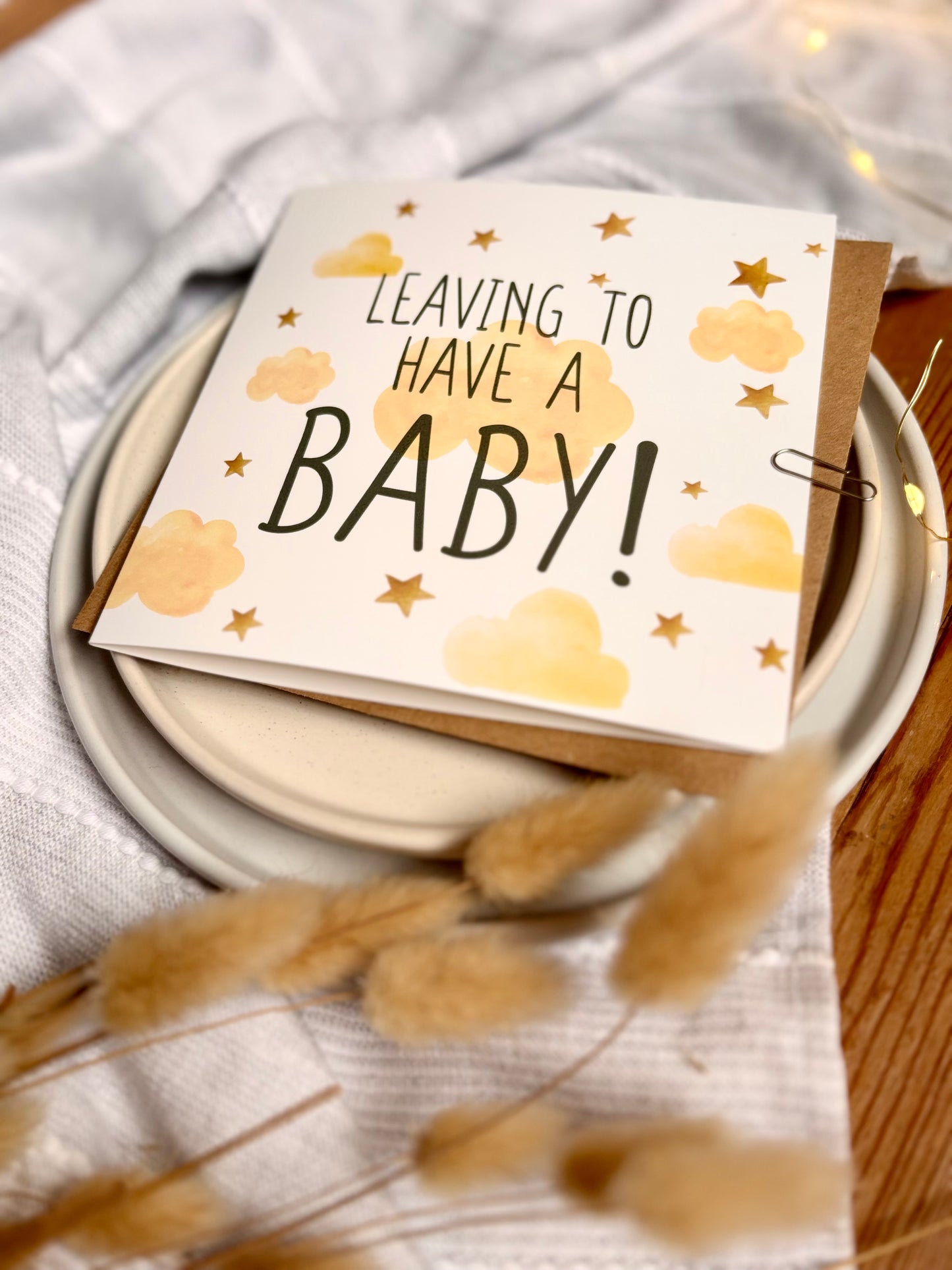 Leaving to Have a Baby Card - Yellow Clouds
