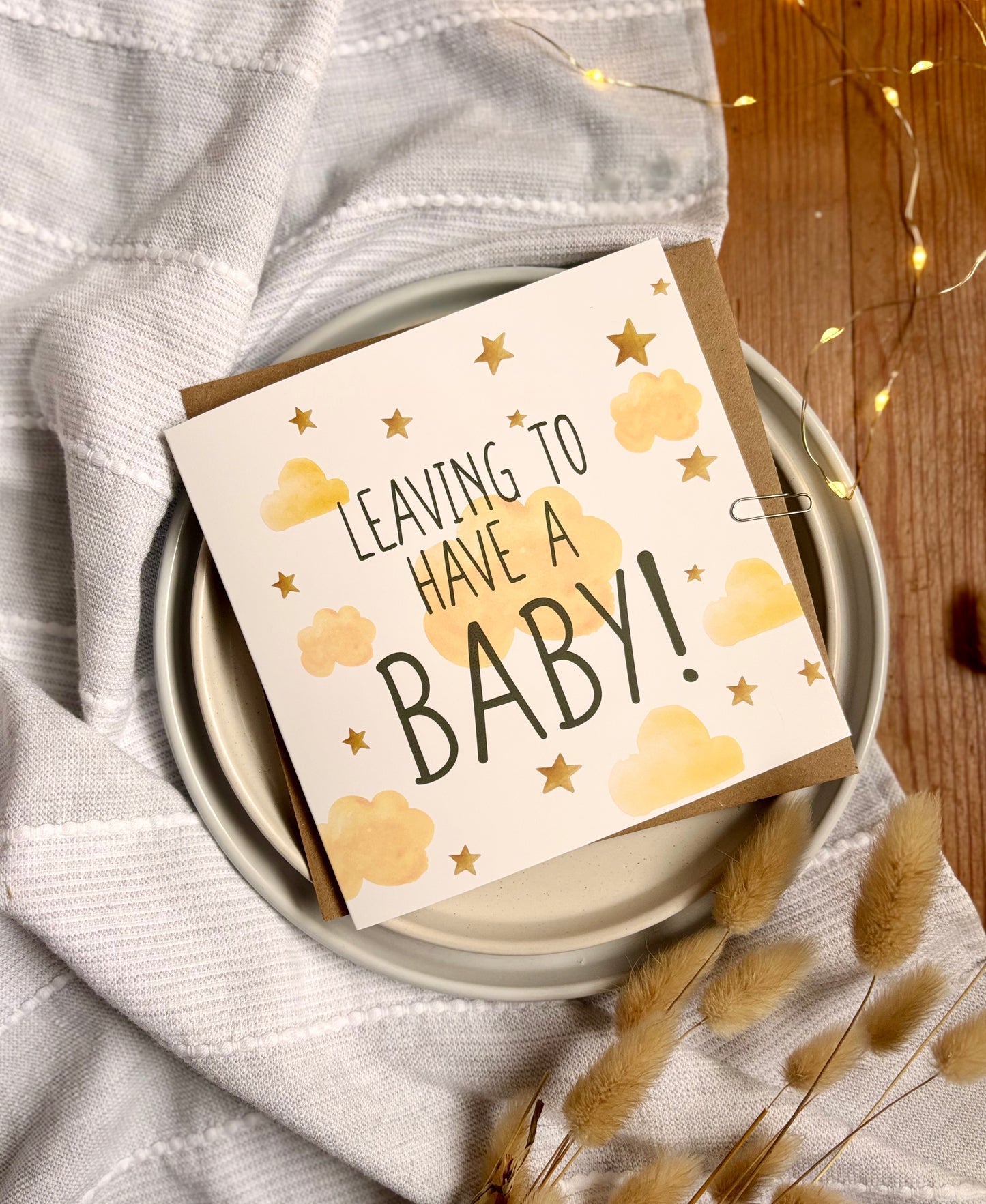 Leaving to Have a Baby Card - Yellow Clouds
