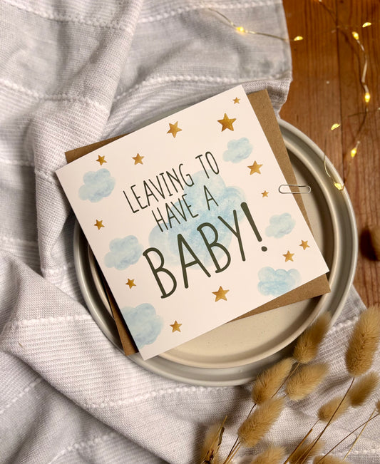 Leaving to Have a Baby Card - Blue Clouds