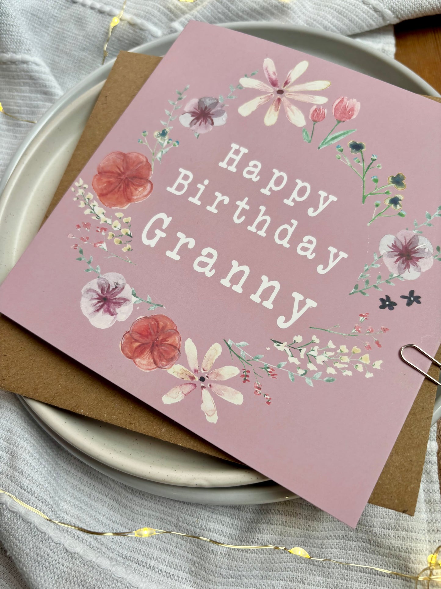 Granny Birthday Card: Pink Floral Wreath with Pressed Flowers