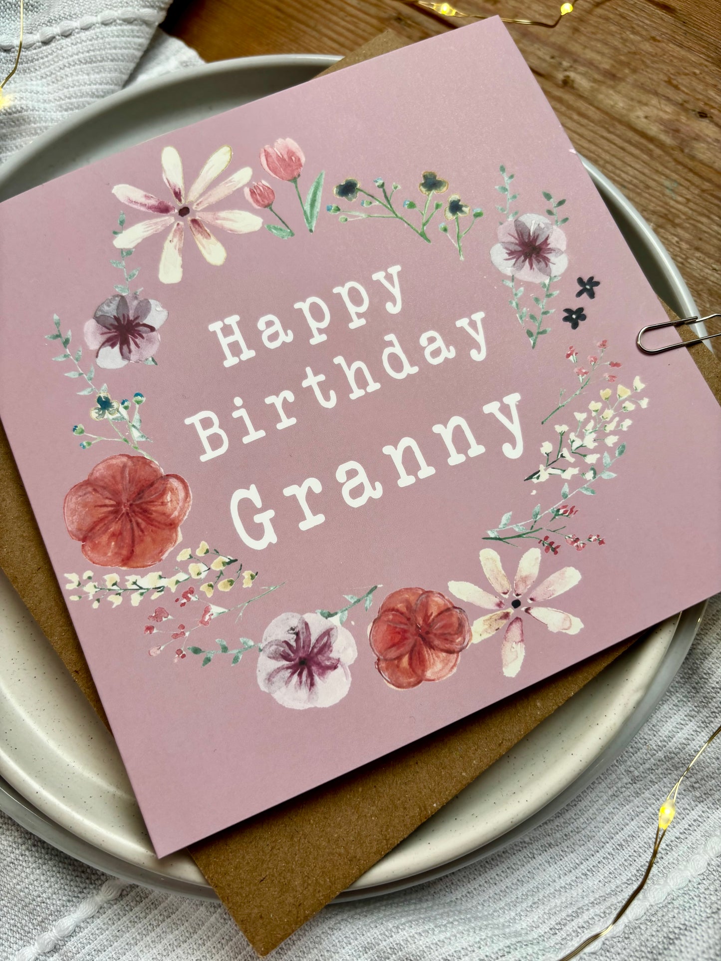 Granny Birthday Card: Pink Floral Wreath with Pressed Flowers