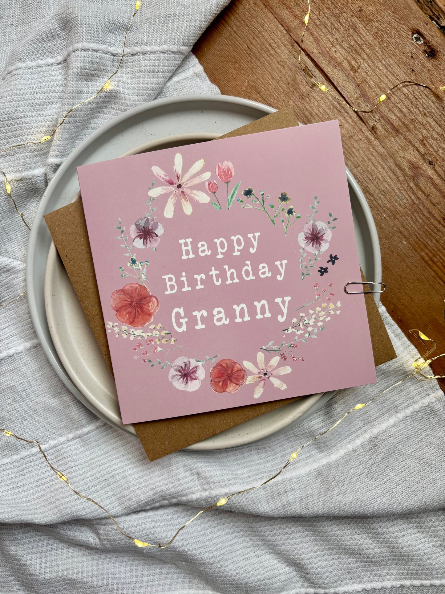 Granny Birthday Card: Pink Floral Wreath with Pressed Flowers