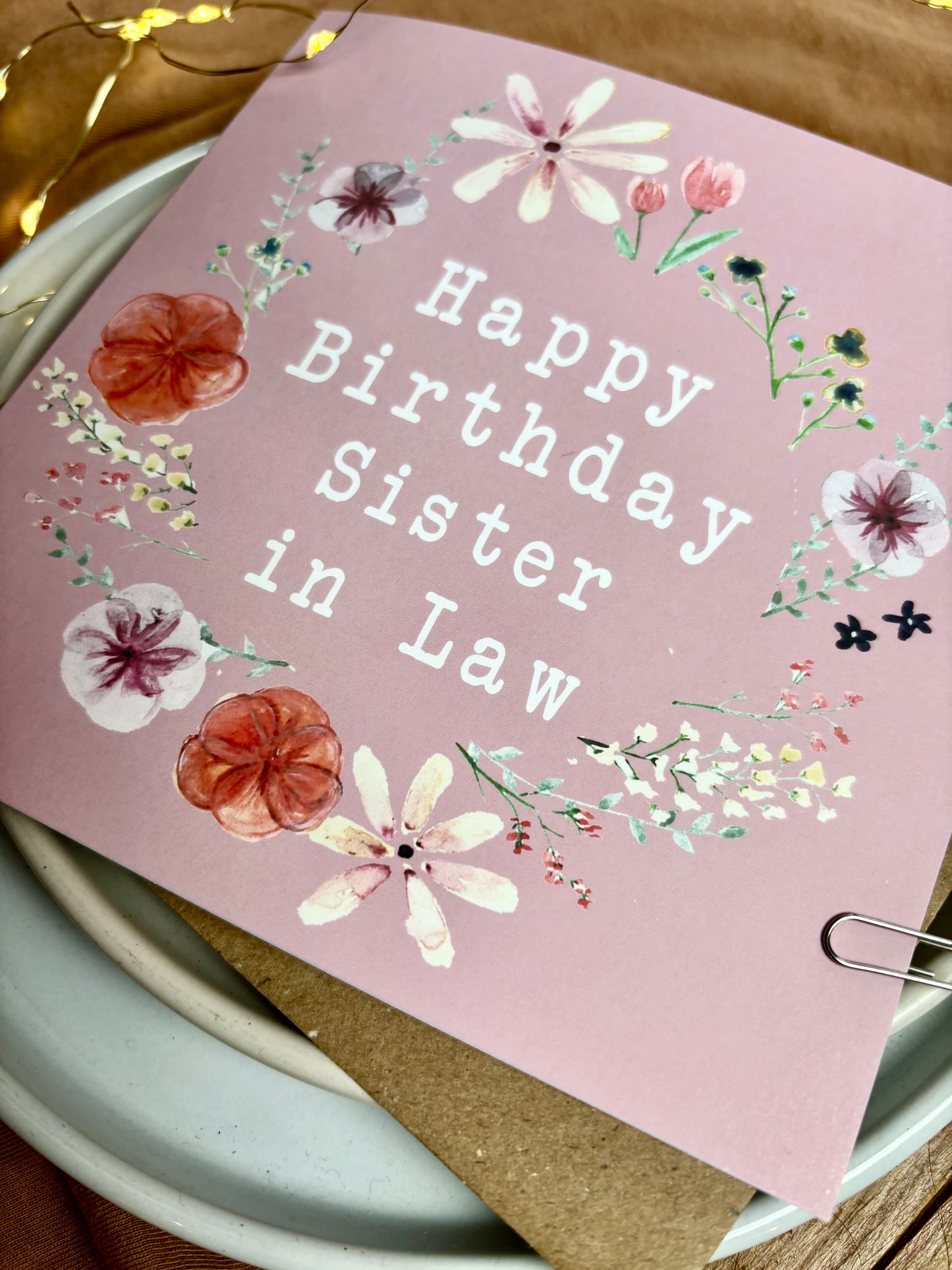 Sister-in-Law Birthday Card - Floral Wreath with Pressed Flowers