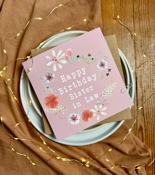 Sister-in-Law Birthday Card - Floral Wreath with Pressed Flowers