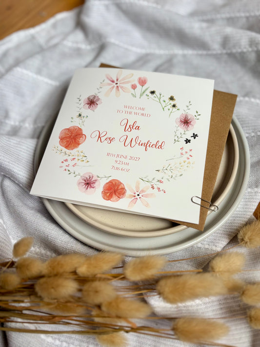 Personalised New Baby Card with Name and Birth Details - Floral Wreath Design