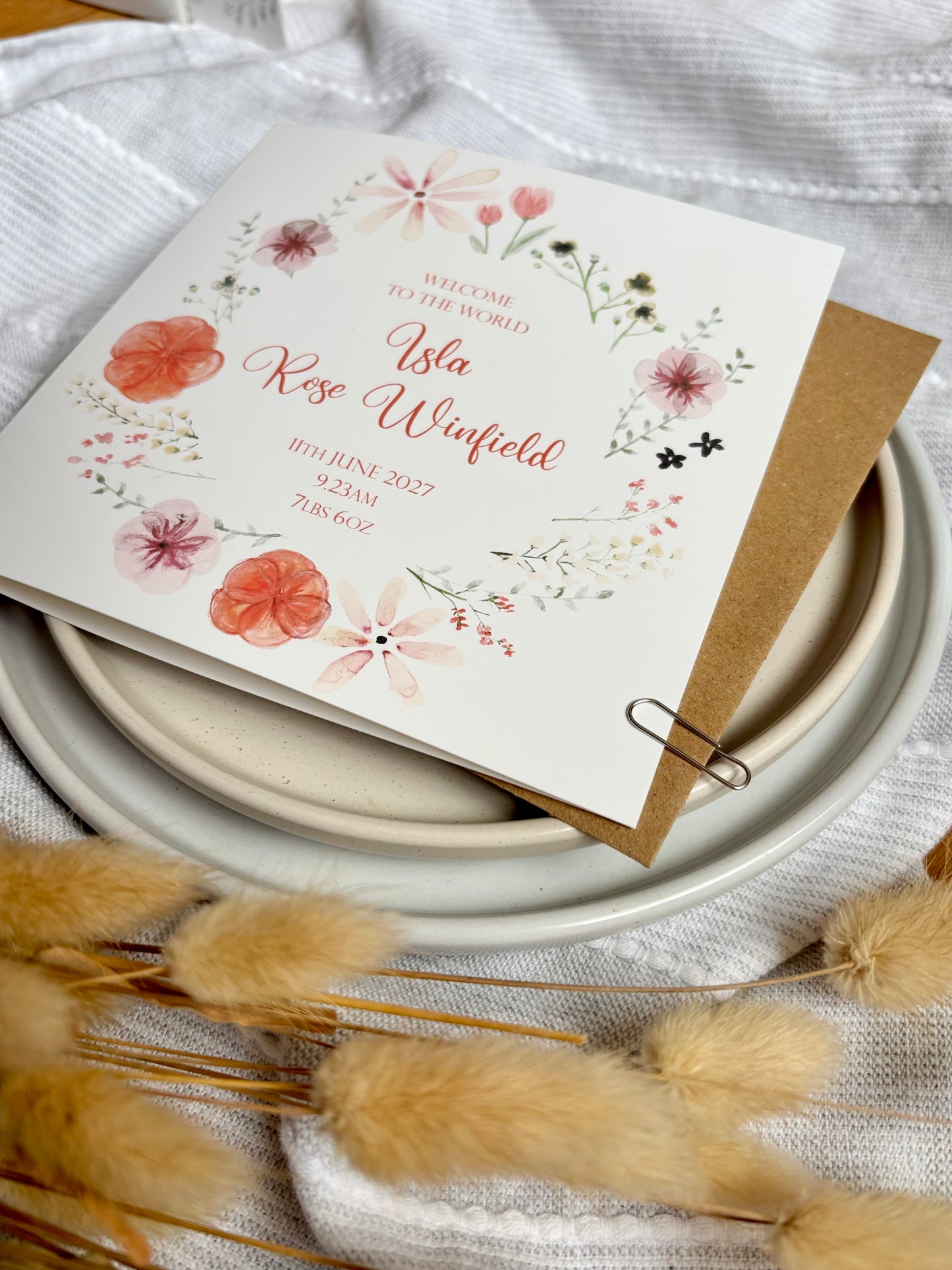 Personalised New Baby Card - Floral Wreath Design with Name and Birth Details