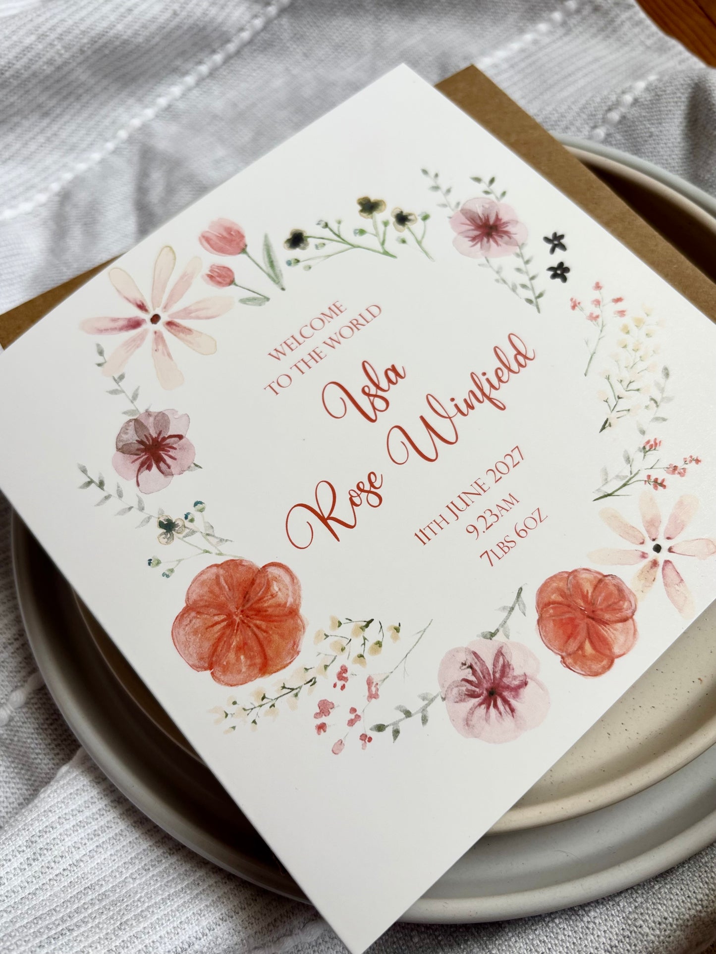 Personalised New Baby Card - Floral Wreath Design with Name and Birth Details