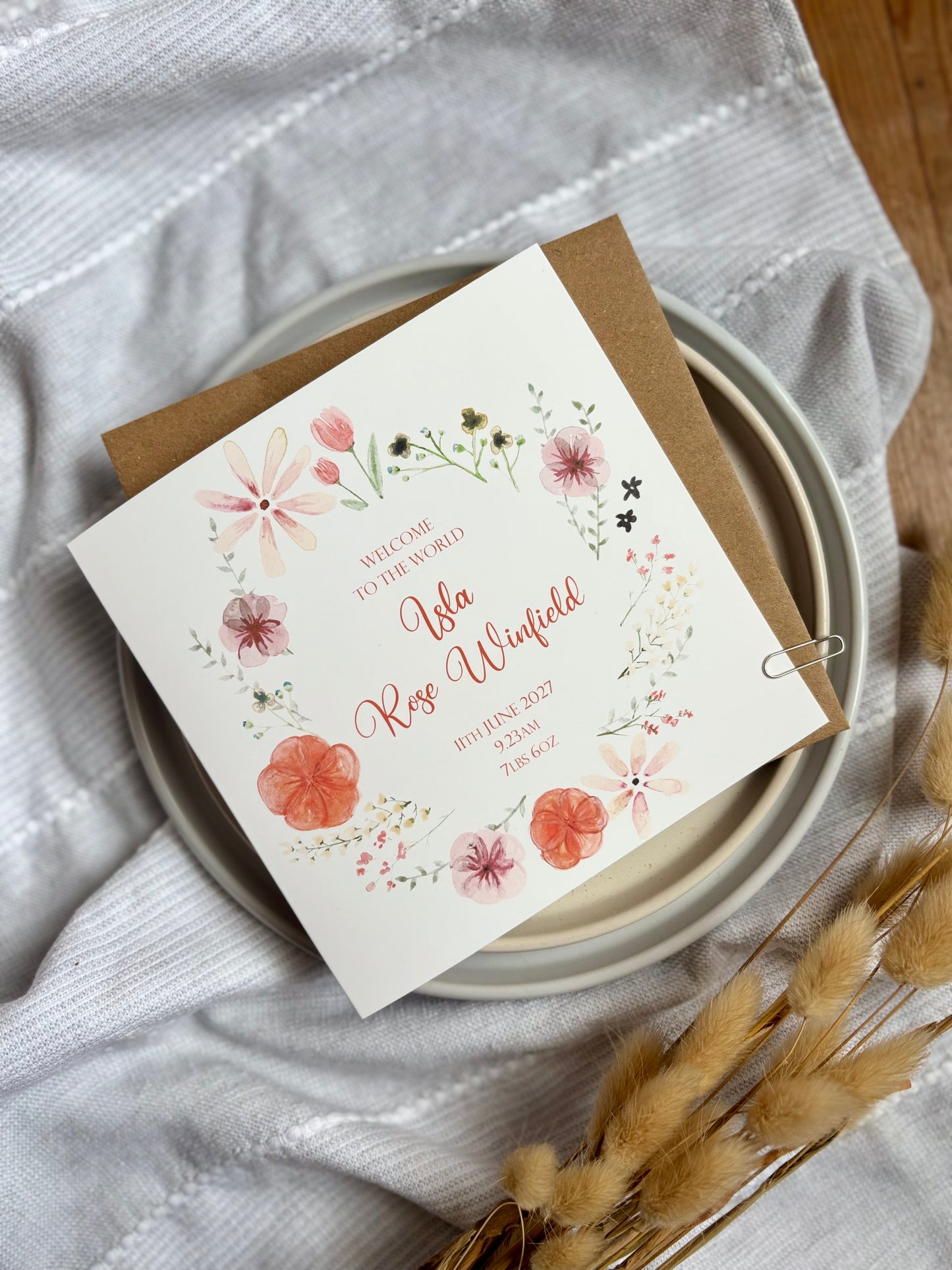Personalised New Baby Card - Floral Wreath Design with Name and Birth Details
