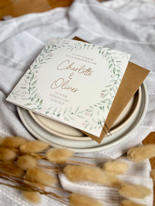 Personalised Wedding Day Card with Botanical Wreath Design