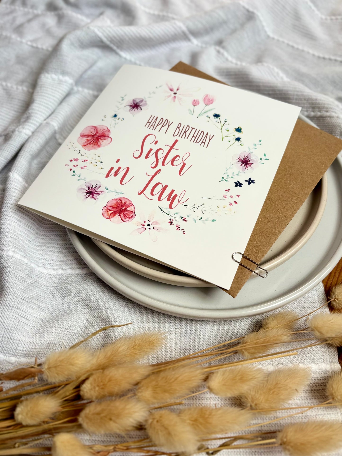 Sister-in-Law Birthday Card - Floral Wreath with Pressed Flowers