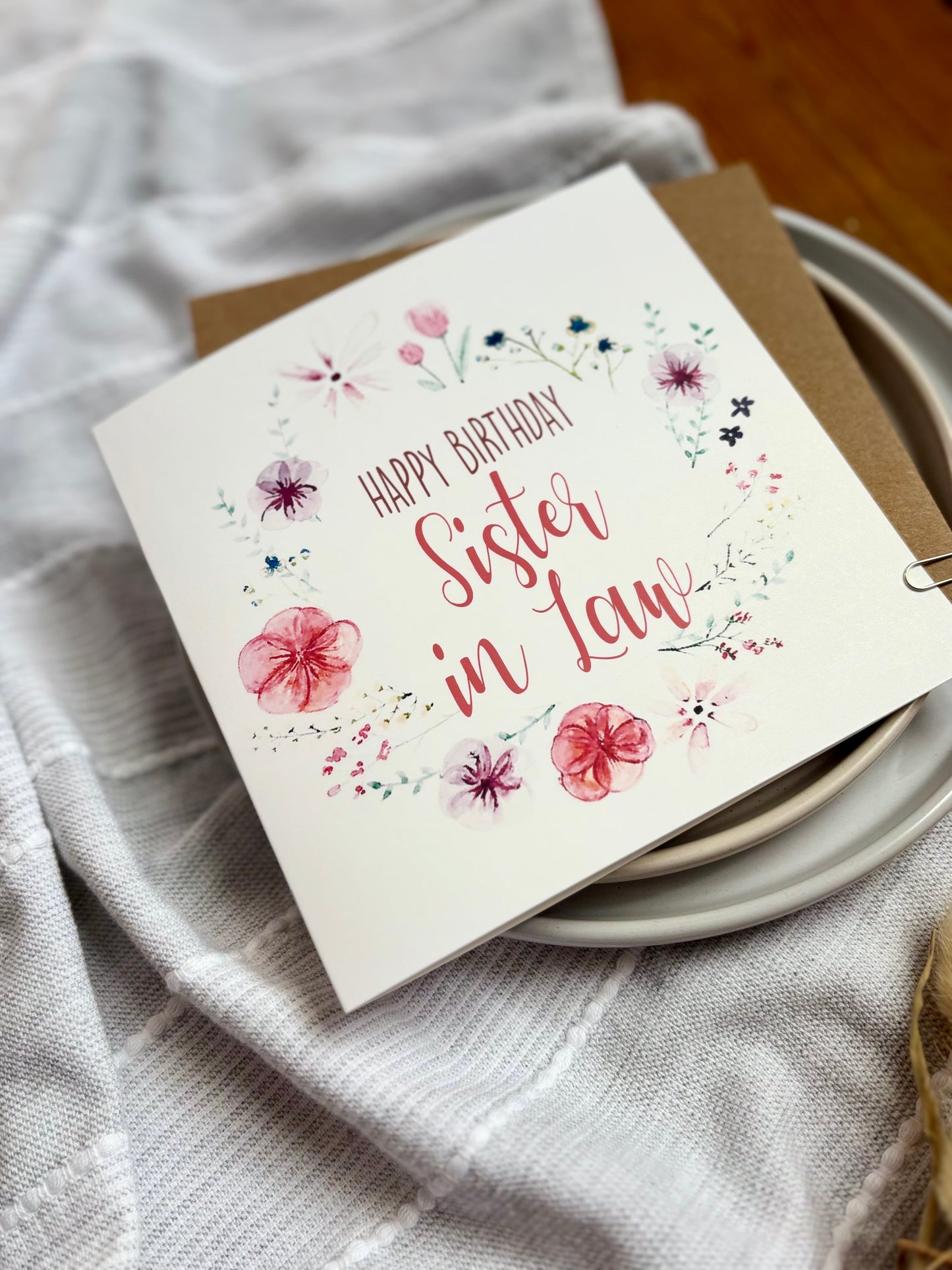 Sister-in-Law Birthday Card - Floral Wreath with Pressed Flowers