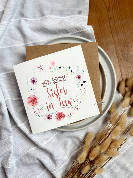 Sister-in-Law Birthday Card - Floral Wreath with Pressed Flowers