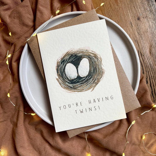 New Twin Baby Card with Nest and Egg Design