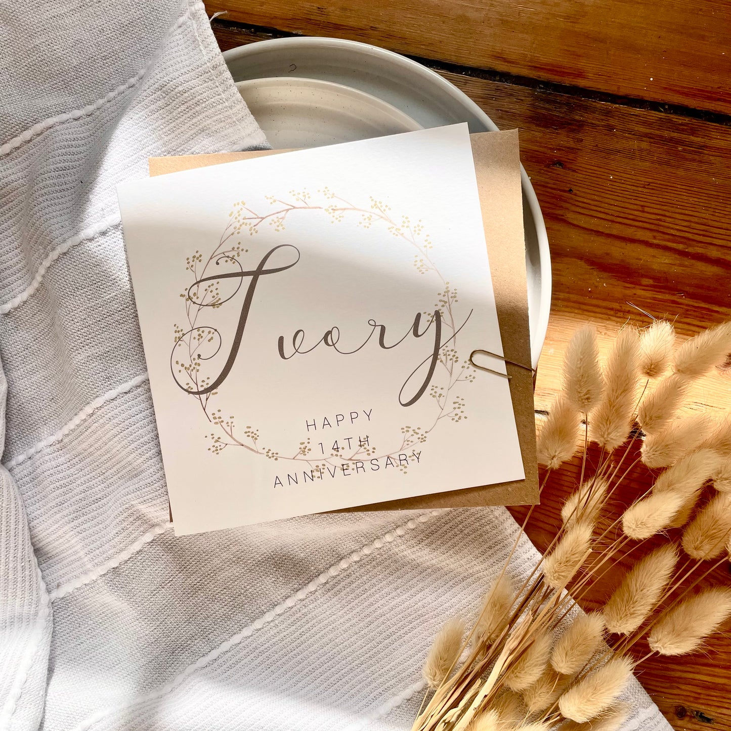 Wreath 14th 'Ivory' Anniversary Card