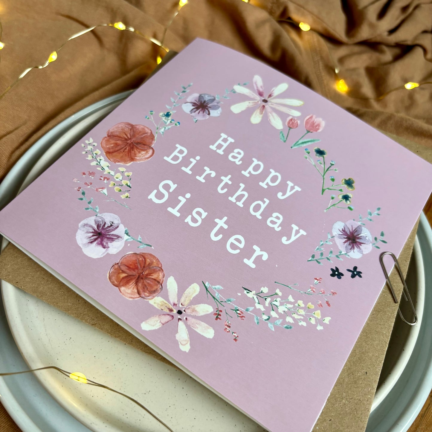 Sister Birthday Card: Floral Wreath with Pressed Flowers