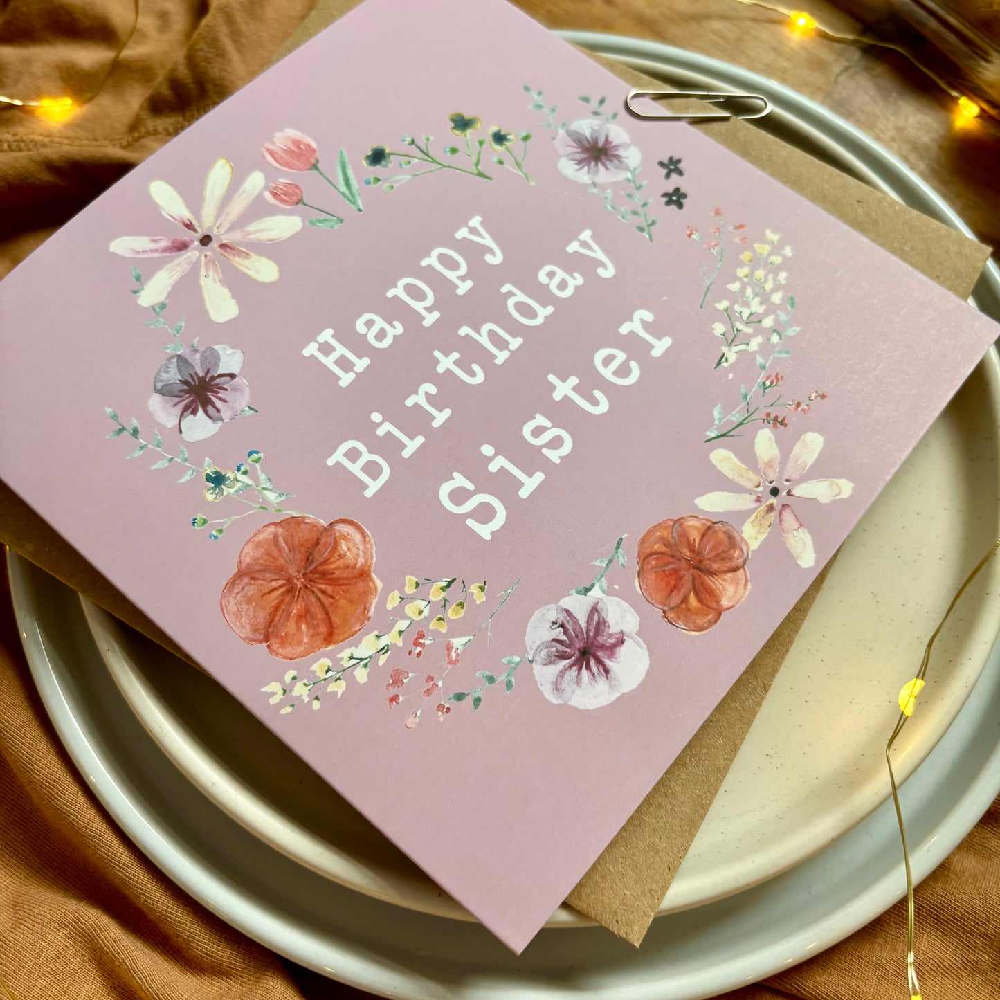 Sister Birthday Card: Floral Wreath with Pressed Flowers