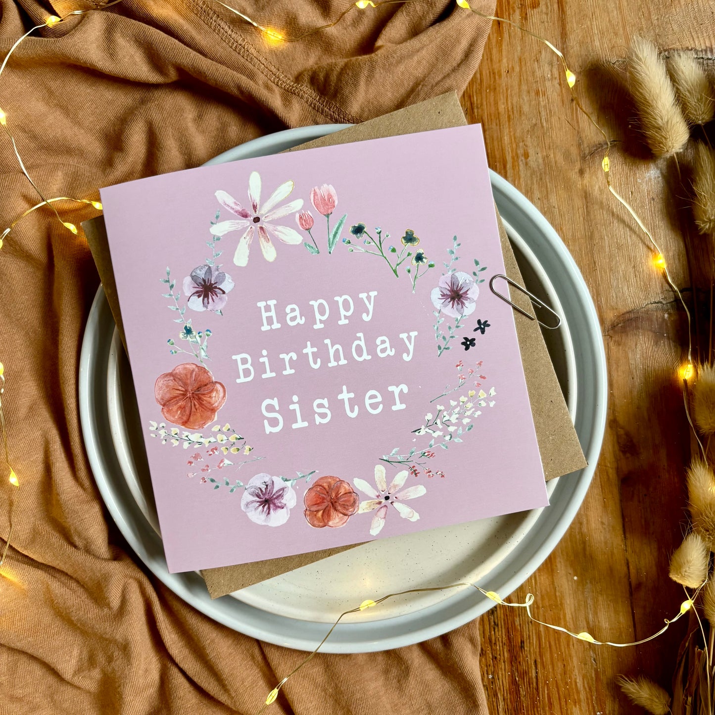 Sister Birthday Card: Floral Wreath with Pressed Flowers