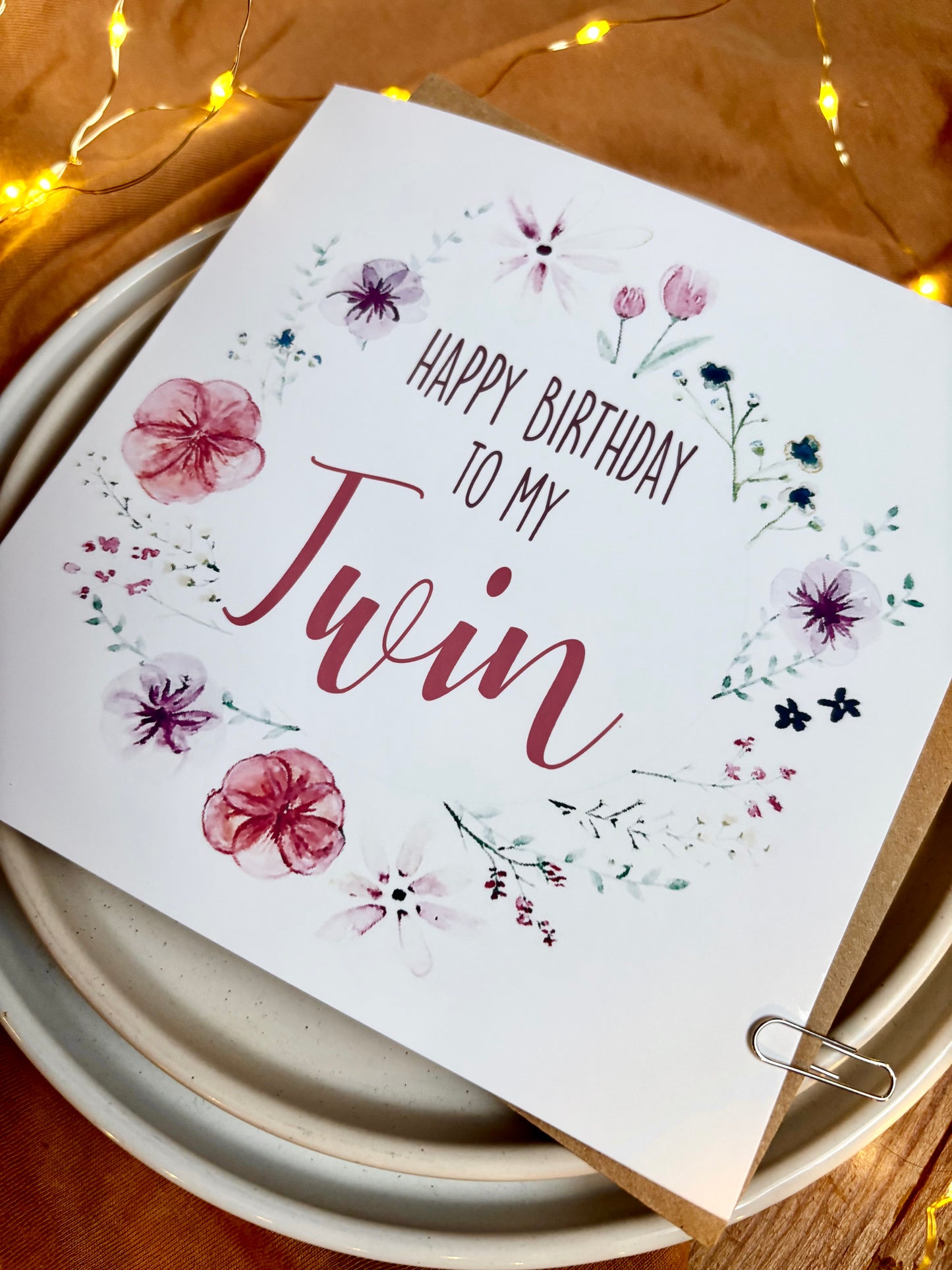 Twin Birthday Card - Floral Wreath with Pressed Flowers