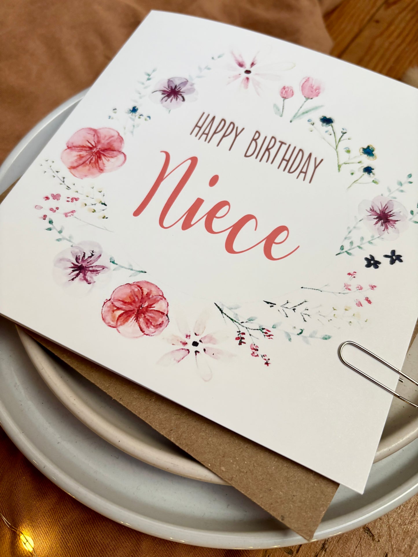 Niece Birthday Card: Floral Wreath with Pressed Flowers