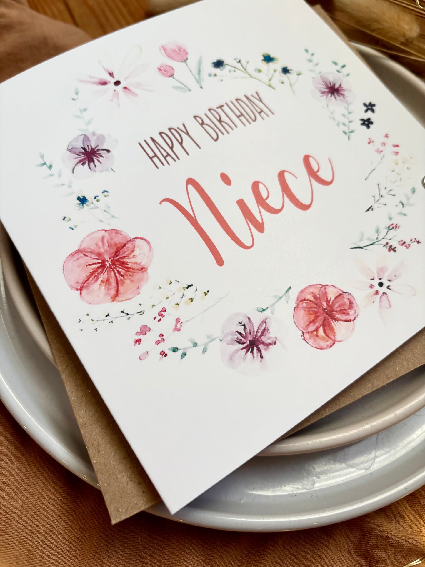 Niece Birthday Card: Floral Wreath with Pressed Flowers