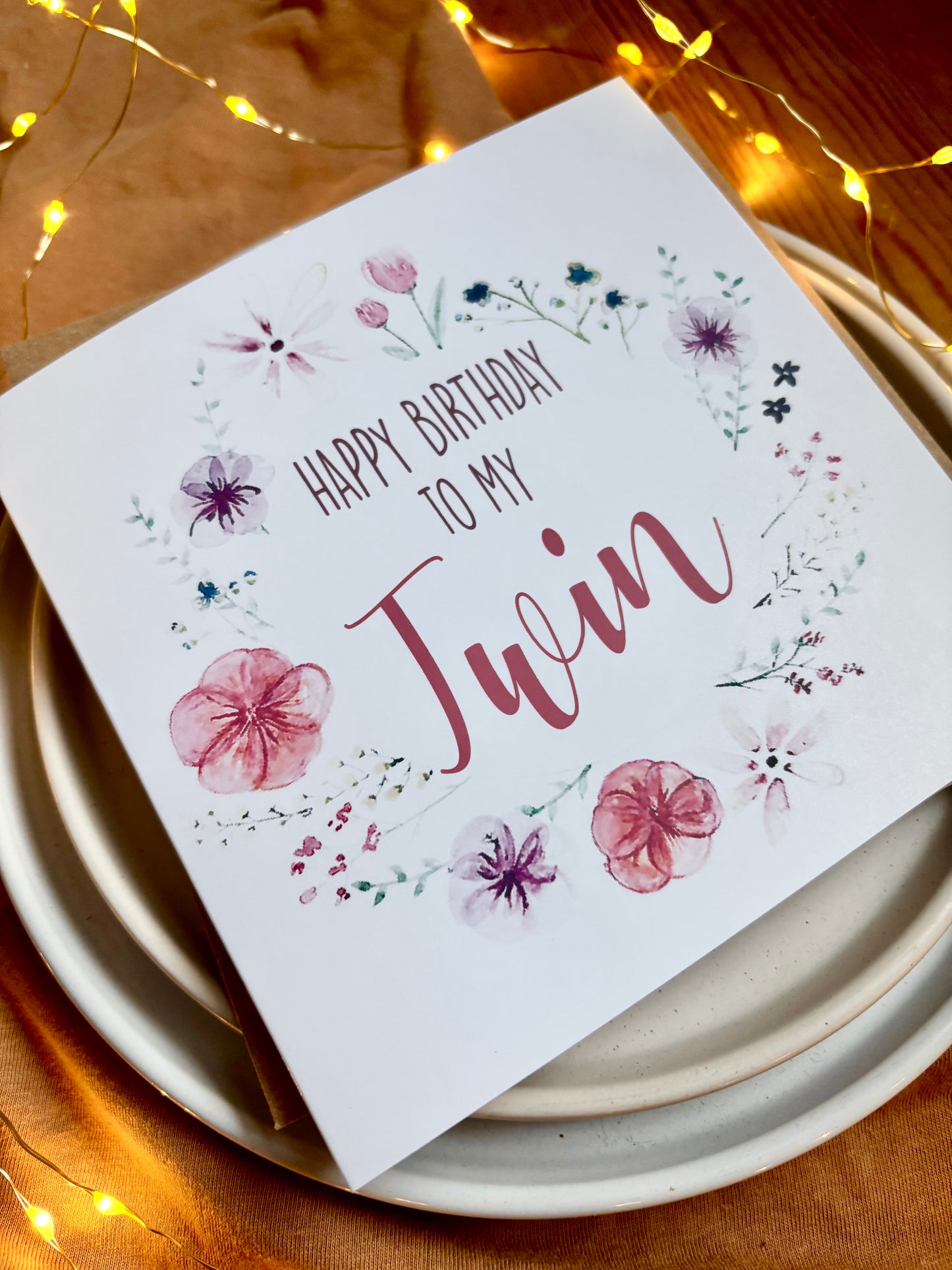 Twin Birthday Card - Floral Wreath with Pressed Flowers