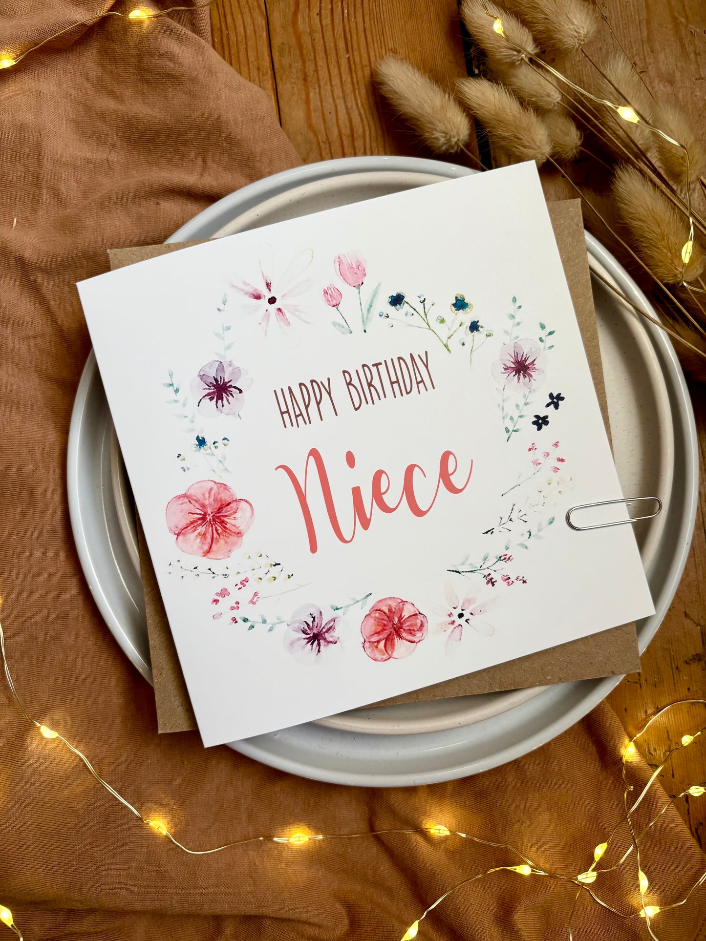 Niece Birthday Card: Floral Wreath with Pressed Flowers