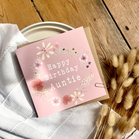 Auntie Birthday Card: Floral Wreath with Pressed Flowers