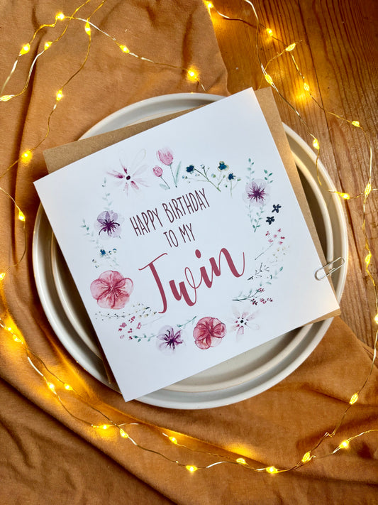 Twin Birthday Card - Floral Wreath with Pressed Flowers