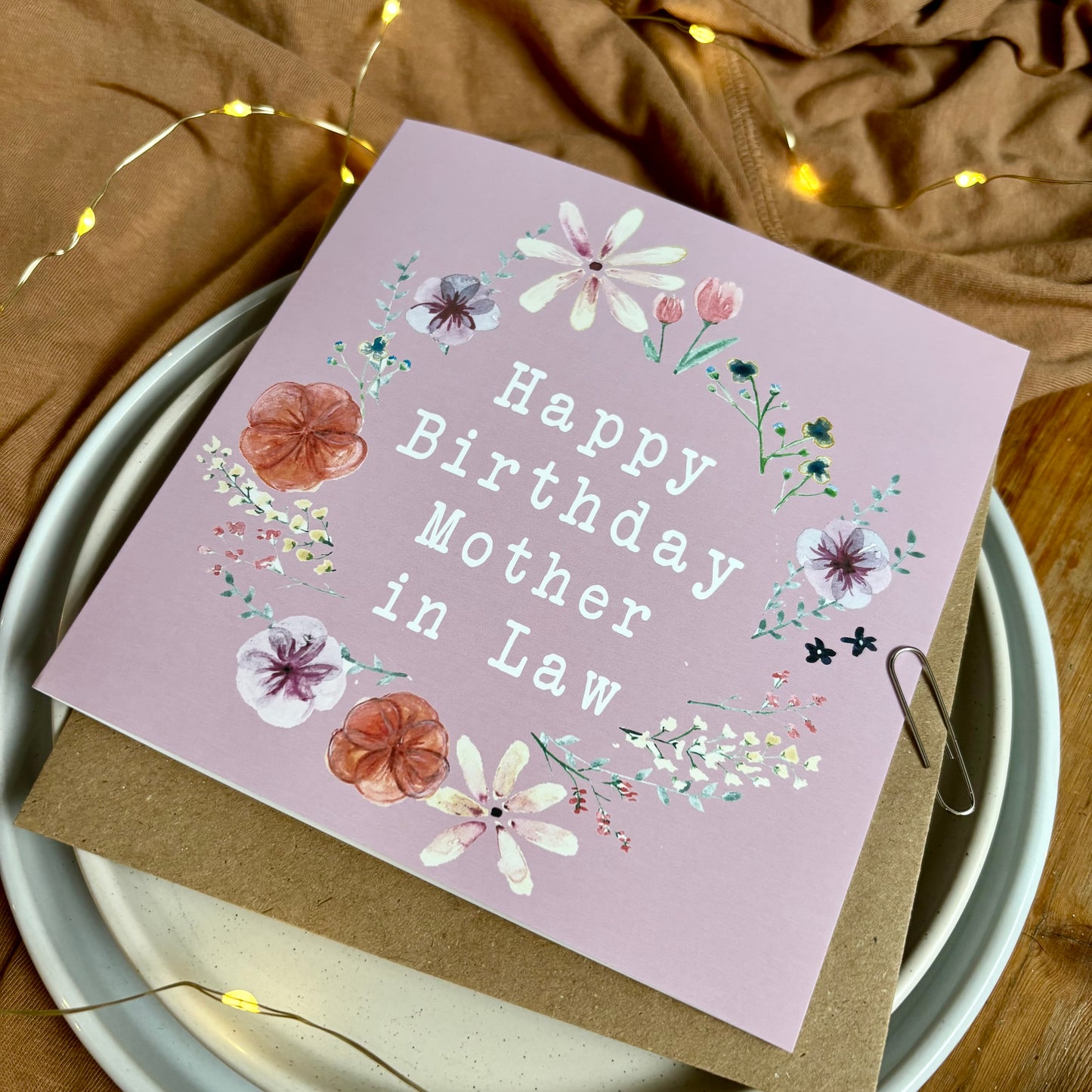Mother in Law Birthday Card: Floral Wreath with Pressed Flowers
