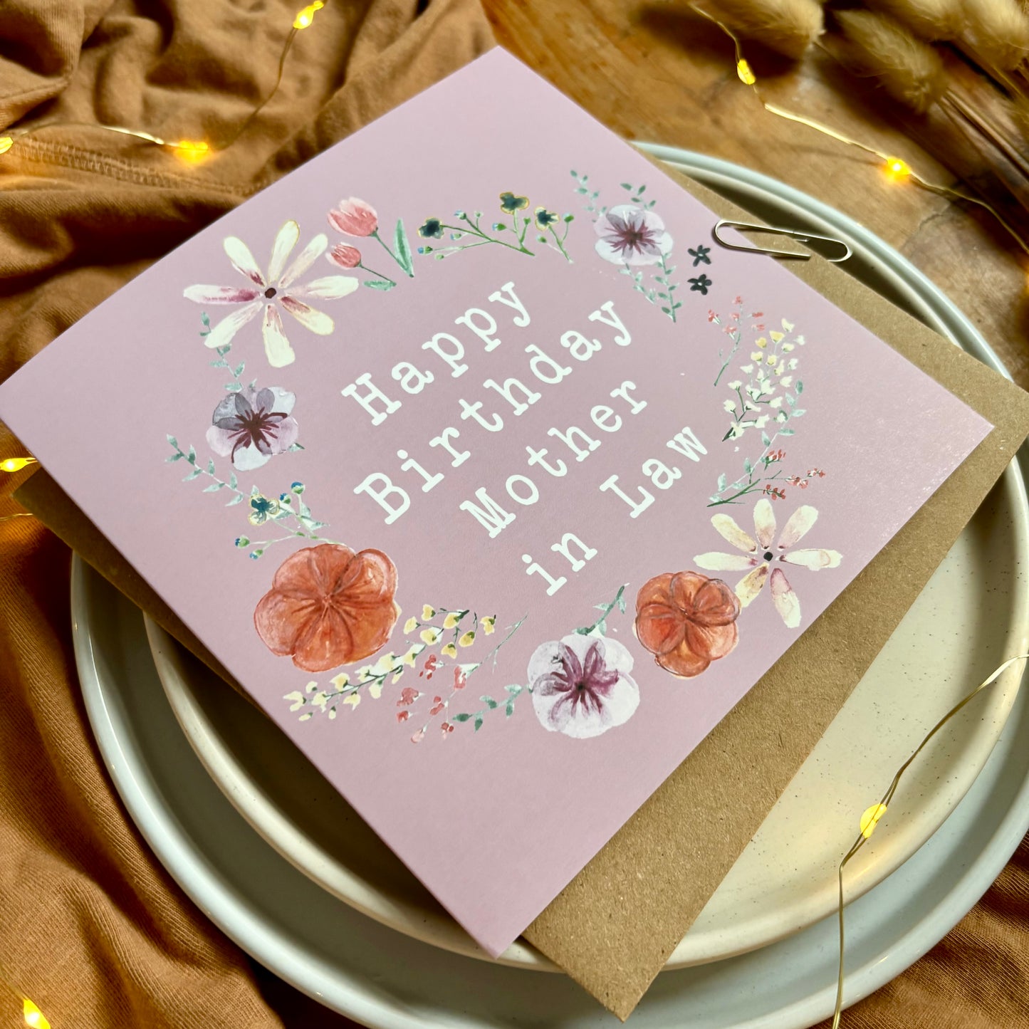 Mother in Law Birthday Card: Floral Wreath with Pressed Flowers