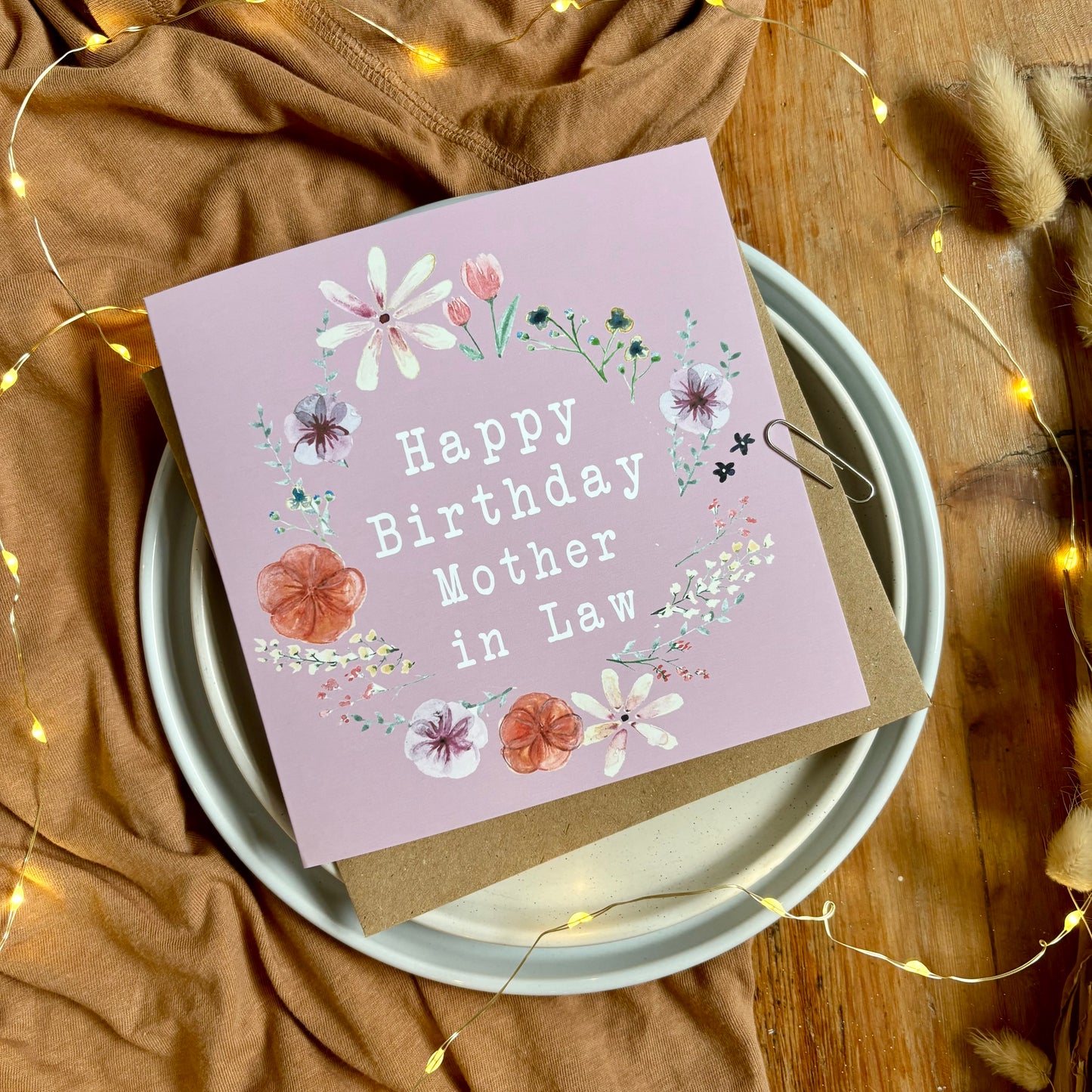 Mother in Law Birthday Card: Floral Wreath with Pressed Flowers