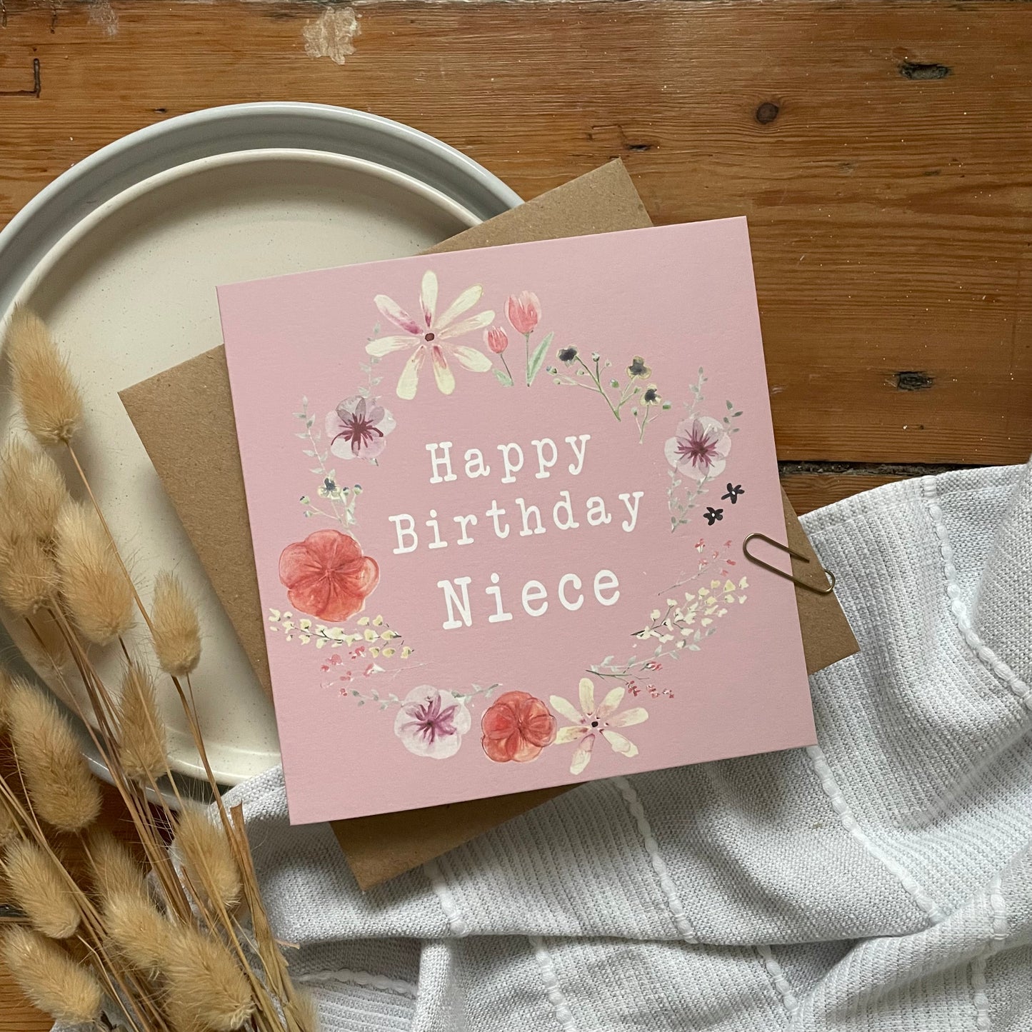 Niece Birthday Card: Floral Wreath with Pressed Flowers