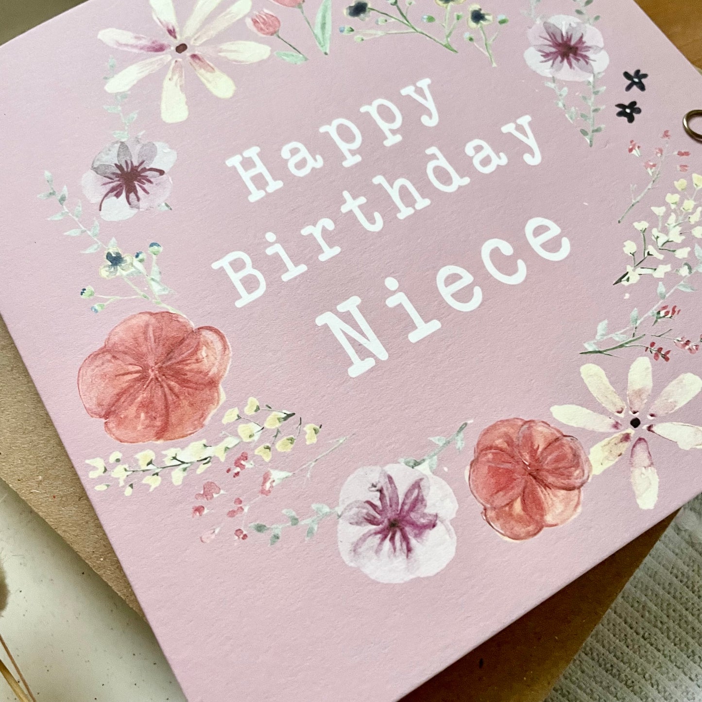 Niece Birthday Card: Floral Wreath with Pressed Flowers
