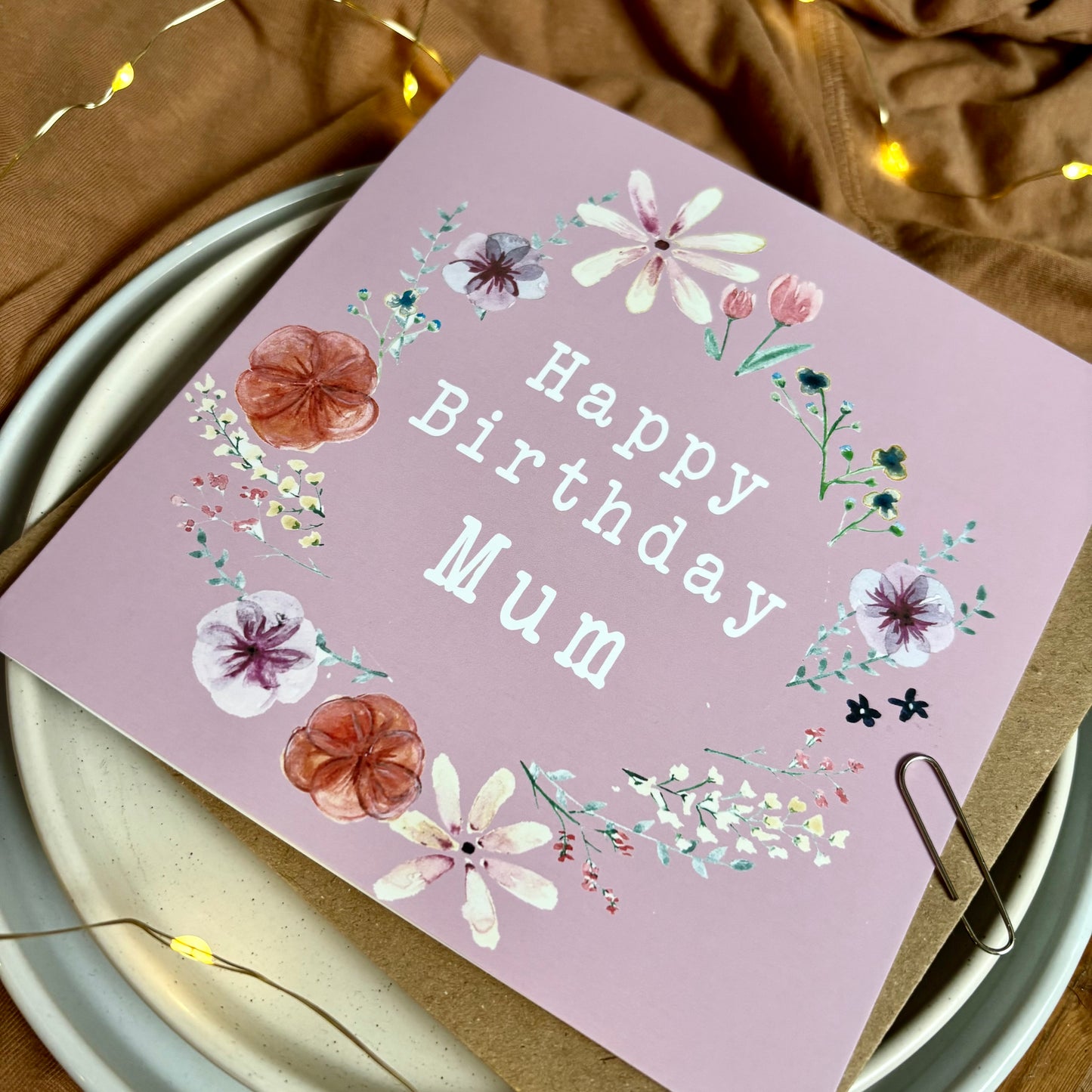 Mum Birthday Card - Floral Wreath with Pressed Flowers