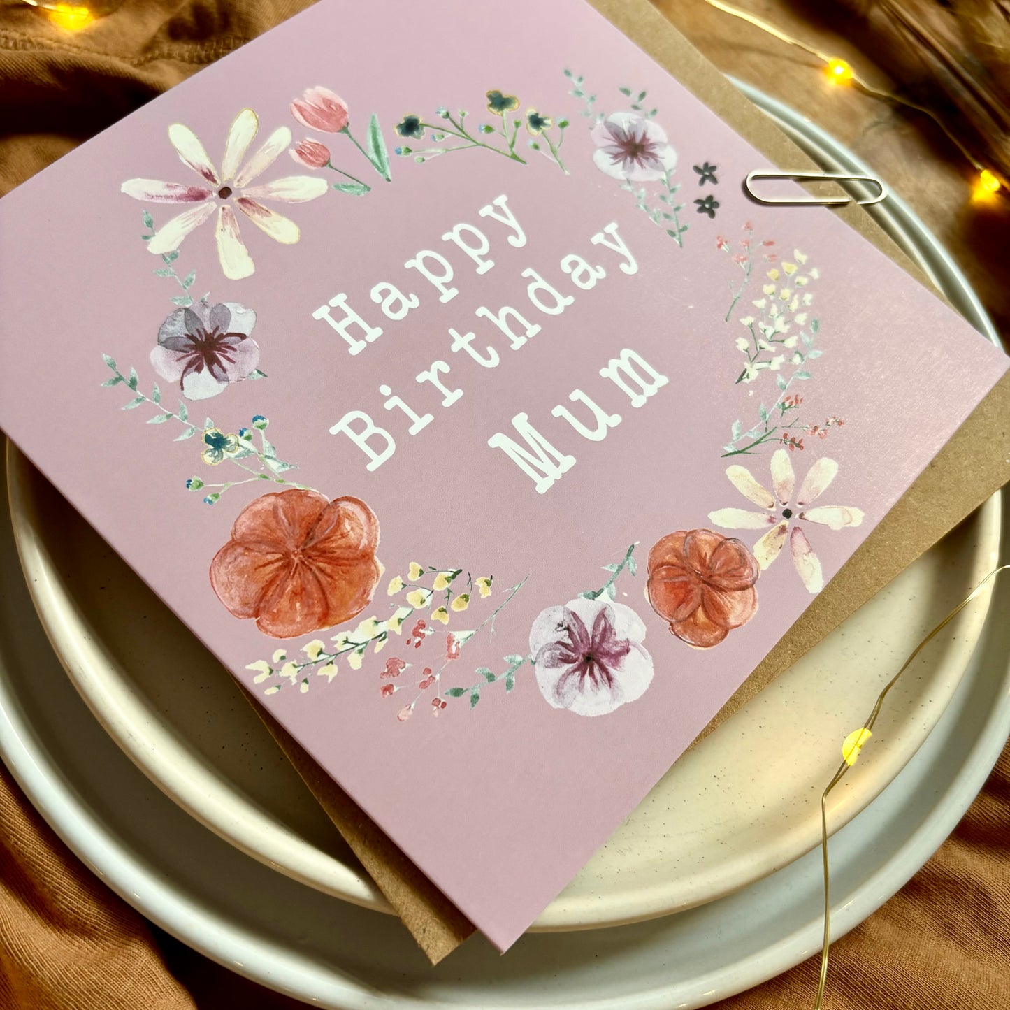 Mum Birthday Card - Floral Wreath with Pressed Flowers