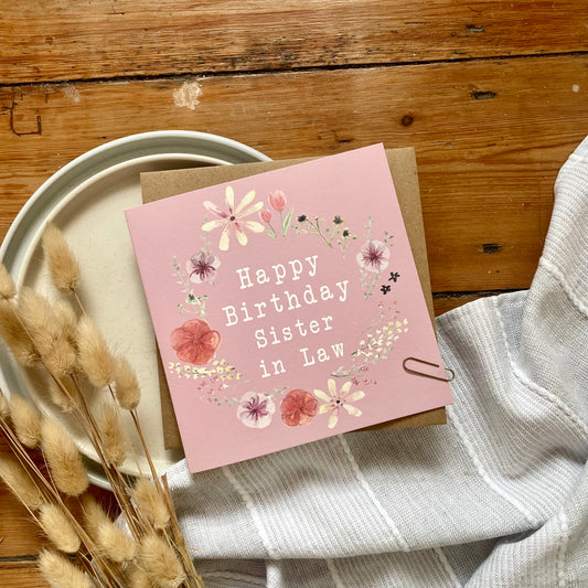 Sister in Law Birthday Card: Floral Wreath with Pressed Flowers